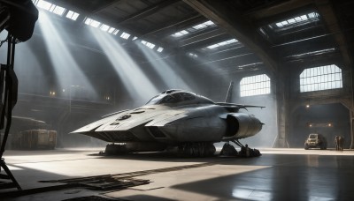 HQ,multiple boys,indoors,military,no humans,window,sunlight,helmet,scenery,science fiction,light rays,realistic,aircraft,military vehicle,airplane,light,sunbeam,vehicle focus,spacecraft,jet,fighter jet,pilot,signature,ground vehicle,motor vehicle