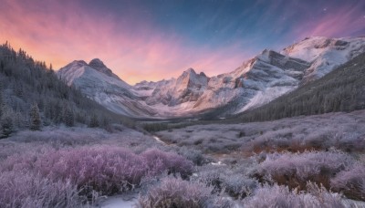 outdoors,sky,cloud,tree,no humans,night,grass,star (sky),nature,night sky,scenery,snow,forest,starry sky,sunset,mountain,field,twilight,evening,landscape,mountainous horizon,gradient sky,purple sky,traditional media,winter