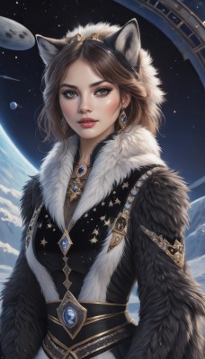 1girl,solo,breasts,looking at viewer,brown hair,dress,animal ears,brown eyes,jewelry,medium breasts,upper body,earrings,parted lips,sky,artist name,cat ears,medium hair,necklace,star (symbol),lips,fur trim,makeup,fake animal ears,gem,star (sky),starry sky,red lips,space,planet,earth (planet),bangs,parted bangs,wolf ears,tiara,feathers,lipstick,realistic,nose