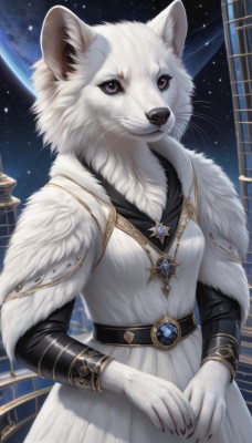 1girl,solo,breasts,looking at viewer,long sleeves,dress,animal ears,jewelry,standing,purple eyes,small breasts,sky,belt,artist name,signature,necklace,white dress,fur trim,night,animal,brooch,gem,star (sky),claws,furry,pendant,starry sky,colored sclera,fur collar,furry female,space,body fur,white fur,planet,fur,animal nose,whiskers,earth (planet),fluffy,closed mouth