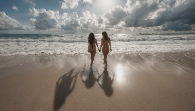 long hair, multiple girls, brown hair, 2girls, standing, ass, nude, outdoors, sky, barefoot, day, cloud, water, from behind, shadow, holding hands, ocean, beach, sunlight, cloudy sky, scenery, walking, sand, sun, horizon, waves, footprints