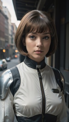 1girl,solo,breasts,looking at viewer,short hair,bangs,blue eyes,brown hair,medium breasts,closed mouth,upper body,outdoors,day,artist name,armor,blurry,lips,grey eyes,bodysuit,depth of field,blurry background,bob cut,ground vehicle,shoulder armor,building,motor vehicle,zipper,freckles,science fiction,realistic,car,parted lips,eyelashes,city,nose,shoulder pads