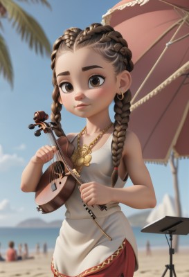 1girl,long hair,breasts,looking at viewer,blush,brown hair,dress,holding,bare shoulders,brown eyes,jewelry,closed mouth,collarbone,braid,cowboy shot,earrings,small breasts,outdoors,sky,sleeveless,solo focus,day,necklace,blurry,twin braids,tree,blue sky,lips,bare arms,depth of field,blurry background,ocean,umbrella,chair,beach,instrument,child,forehead,nose,sand,palm tree,music,female child,playing instrument,holding instrument,beach umbrella,violin,solo,white dress,apron,piercing,thick eyebrows,side slit,multiple others