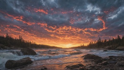 outdoors,sky,cloud,water,tree,no humans,cloudy sky,nature,scenery,snow,forest,sunset,rock,mountain,river,landscape,orange sky,sunlight