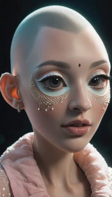 1girl,solo,looking at viewer,short hair,simple background,jewelry,earrings,parted lips,dark skin,black eyes,dark-skinned female,lips,eyelashes,makeup,facial mark,piercing,black background,portrait,close-up,eyeshadow,realistic,nose,eyeliner,bald,very short hair,teeth,forehead,forehead mark