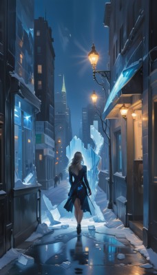 1girl,solo,long hair,blonde hair,gloves,dress,standing,outdoors,sky,solo focus,elbow gloves,from behind,black footwear,black dress,high heels,night,building,night sky,scenery,reflection,walking,ice,crystal,lantern,city,facing away,light,road,lamp,lamppost,street,skyscraper,reflective floor,bare shoulders,black gloves