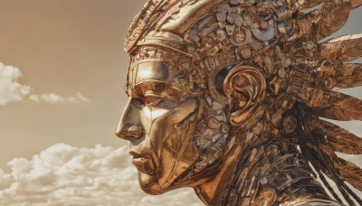 solo,1boy,upper body,male focus,outdoors,parted lips,sky,day,cloud,signature,from side,no humans,profile,helmet,cloudy sky,robot,portrait,mecha,machinery,science fiction,realistic,cable,gears,steampunk,machine,monochrome,closed eyes,wings,armor,lips,1other,android,sepia,looking ahead,mechanical wings,brown theme,orange theme,mechanical parts