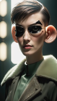 1girl,solo,looking at viewer,short hair,brown hair,shirt,brown eyes,closed mouth,jacket,upper body,blurry,black eyes,sweater,lips,coat,fur trim,blurry background,turtleneck,sunglasses,thick eyebrows,realistic,nose,very short hair,black hair,1boy,male focus,portrait,backlighting,green jacket,green shirt,leather,leather jacket,aviator sunglasses