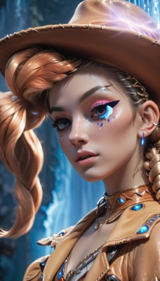 1girl,solo,long hair,breasts,looking at viewer,blue eyes,brown hair,hat,cleavage,jewelry,upper body,braid,multicolored hair,earrings,parted lips,teeth,artist name,signature,necklace,blurry,lips,eyelashes,single braid,makeup,blurry background,watermark,piercing,lipstick,ear piercing,portrait,web address,eyeshadow,freckles,realistic,nose,brown headwear,eyeliner,fringe trim,cowboy hat,mascara,cowboy western,hair ornament,jacket,choker,hairclip,mole,depth of field,thick eyebrows,gem,brown jacket,pink lips,facepaint