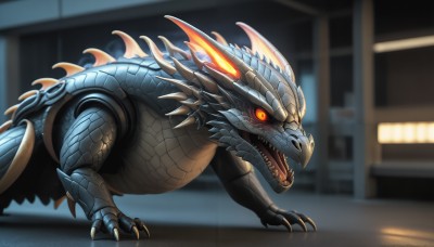 HQ,solo,open mouth,red eyes,tail,outdoors,teeth,blurry,orange eyes,pokemon (creature),no humans,blurry background,glowing,fangs,sharp teeth,slit pupils,building,glowing eyes,claws,colored sclera,monster,dragon,scales,kaijuu,realistic