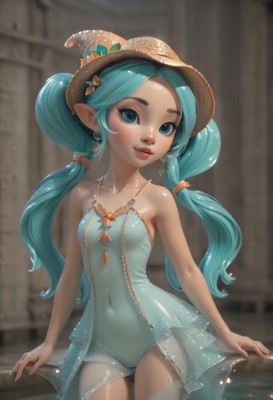 1girl,solo,long hair,breasts,looking at viewer,smile,blue eyes,hair ornament,hat,dress,bare shoulders,twintails,jewelry,blue hair,collarbone,swimsuit,cowboy shot,earrings,small breasts,pointy ears,shiny,artist name,water,necklace,blurry,aqua eyes,lips,see-through,one-piece swimsuit,strapless,aqua hair,covered navel,depth of field,blurry background,nose,blush,standing,parted lips,witch hat,blue dress,wading,aqua dress