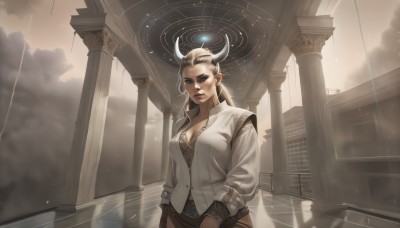 1girl,solo,long hair,breasts,looking at viewer,blue eyes,blonde hair,shirt,gloves,long sleeves,cleavage,jewelry,medium breasts,standing,white shirt,ponytail,earrings,parted lips,horns,sky,pointy ears,collared shirt,belt,cloud,lips,makeup,piercing,lipstick,brown gloves,eyeshadow,reflection,nose,red lips,pillar,fog,arch,column,large breasts,brown hair,hair ornament,underwear,multicolored hair,cowboy shot,bra,mole,two-tone hair,sunlight,thick eyebrows,cloudy sky,black bra,building,light rays,realistic,arms at sides,eyeliner