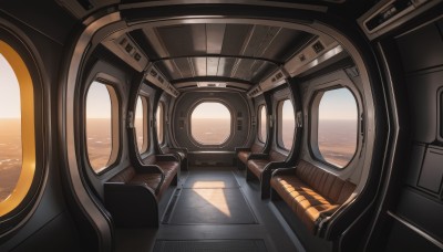 outdoors,sky,water,no humans,ocean,scenery,reflection,science fiction,horizon,cockpit,cloud,window,sunlight,sunset,sun,cable,spacecraft,spacesuit