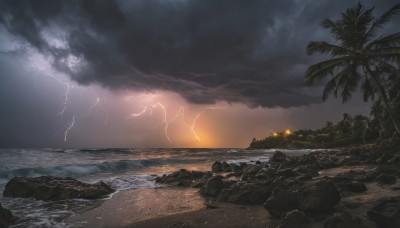 outdoors,sky,cloud,water,tree,no humans,ocean,beach,cloudy sky,scenery,sunset,rock,sand,palm tree,horizon,electricity,explosion,waves,lightning,shore,night,fire,island