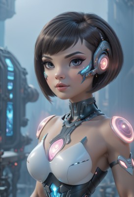 1girl,solo,breasts,looking at viewer,short hair,bangs,blue eyes,brown hair,black hair,bare shoulders,medium breasts,closed mouth,upper body,weapon,small breasts,shiny,artist name,blurry,lips,gun,grey eyes,eyelashes,makeup,blurry background,swept bangs,glowing,headgear,bob cut,freckles,science fiction,nose,red lips,eyeliner,cyborg,neon trim,parted lips,signature,armor,bodysuit,facial mark,eyeshadow,mascara