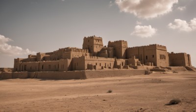 monochrome,outdoors,sky,day,cloud,blue sky,no humans,beach,cloudy sky,building,scenery,sand,ruins,sepia,brown theme,desert,rock,castle