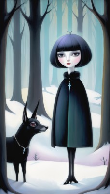 1girl,solo,looking at viewer,short hair,bangs,black hair,red eyes,jewelry,standing,full body,outdoors,blunt bangs,necklace,cape,black eyes,tree,lips,grey eyes,makeup,animal,bob cut,lipstick,pale skin,nature,cloak,snow,pendant,forest,dog,red lips,winter,bare tree,wolf,footprints,blush,dress,closed mouth,ahoge,eyelashes,antenna hair,high collar,pearl necklace,black theme