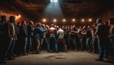 shirt,black hair,jacket,male focus,multiple boys,pants,indoors,muscular,formal,6+boys,jeans,crowd,hat,shoes,hood,mask,denim,topless male,light,bald,ceiling light