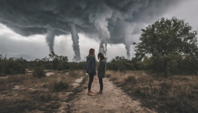 long hair,short hair,multiple girls,brown hair,black hair,long sleeves,2girls,standing,jacket,pantyhose,outdoors,sky,shoes,pants,cloud,hood,from behind,looking at another,tree,hoodie,holding hands,black pants,sandals,cloudy sky,grass,nature,scenery,smoke,wide shot,fog,skirt,boots,day,black skirt,bag,scarf,coat,brown footwear,hood down,hooded jacket,grey jacket,hands in pockets,arms at sides,facing away,grey sky,overcast