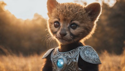 solo,looking at viewer,brown eyes,jewelry,closed mouth,upper body,outdoors,armor,blurry,no humans,blurry background,animal,cat,shoulder armor,gem,pauldrons,realistic,animal focus,whiskers,fantasy