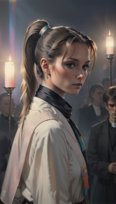 1girl,long hair,looking at viewer,brown hair,shirt,black hair,long sleeves,brown eyes,jewelry,upper body,ponytail,earrings,parted lips,multiple boys,solo focus,black eyes,lips,realistic,nose,candle,crowd,jacket,scarf,from side,looking to the side,turtleneck,formal,suit,bandaid,bandaid on face,light,bandaid on nose,candlestand