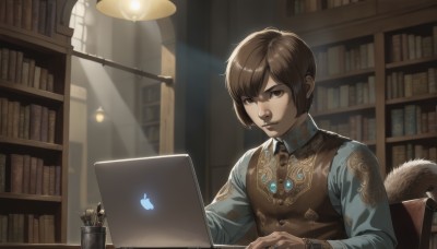 solo,looking at viewer,short hair,bangs,brown hair,shirt,long sleeves,1boy,brown eyes,jewelry,sitting,closed mouth,upper body,male focus,indoors,vest,book,chair,sunlight,ring,gem,light rays,bookshelf,pen,lamp,computer,laptop,brown vest,library,tail,collared shirt