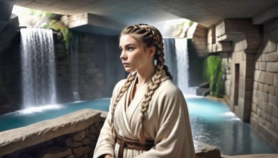 1girl,solo,long hair,blonde hair,brown hair,long sleeves,closed mouth,upper body,braid,indoors,water,twin braids,lips,sash,hair over shoulder,robe,realistic,nose,waterfall,white robe,multiple braids,brown eyes,belt,parody,sunlight,scenery,looking afar,dougi