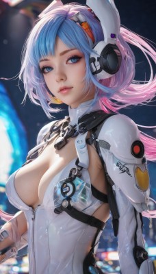 1girl,solo,long hair,breasts,looking at viewer,short hair,bangs,blue eyes,cleavage,medium breasts,closed mouth,blue hair,upper body,pink hair,multicolored hair,parted lips,blurry,two-tone hair,lips,clothing cutout,bodysuit,gradient hair,blurry background,headgear,headphones,cleavage cutout,headset,science fiction,realistic,white bodysuit,large breasts,hair ornament,animal ears,artist name,signature,rabbit ears,see-through,eyelashes,makeup,depth of field,fake animal ears,zipper,nose,arms at sides