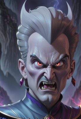 solo,looking at viewer,short hair,open mouth,red eyes,1boy,jewelry,white hair,grey hair,male focus,earrings,teeth,blurry,blurry background,glowing,fangs,sharp teeth,gem,portrait,glowing eyes,angry,veins,hair slicked back,wrinkled skin,brown hair,multicolored hair,artist name,two-tone hair,facial hair,mustache,aura