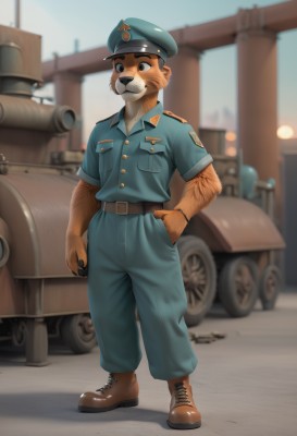 solo,smile,shirt,1boy,hat,animal ears,closed mouth,standing,full body,short sleeves,male focus,boots,outdoors,day,collared shirt,belt,pants,artist name,blurry,uniform,black eyes,military,military uniform,buttons,blurry background,brown footwear,blue shirt,ground vehicle,motor vehicle,furry,blue headwear,pocket,watch,black belt,hand in pocket,blue pants,military vehicle,car,wristwatch,breast pocket,furry male,tank,police,police uniform,combat boots,looking to the side,watermark,peaked cap,claws,buckle,military hat,belt buckle,green headwear,brown belt,body fur,green pants,brown fur