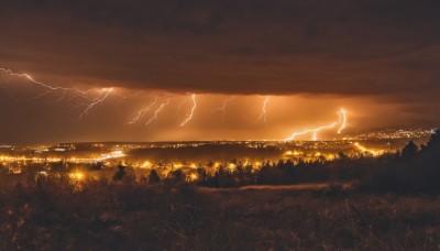 outdoors,sky,cloud,tree,no humans,cloudy sky,grass,building,nature,scenery,forest,sunset,city,horizon,electricity,cityscape,field,river,lightning,landscape,city lights,hill,water,night,night sky,dark,lake