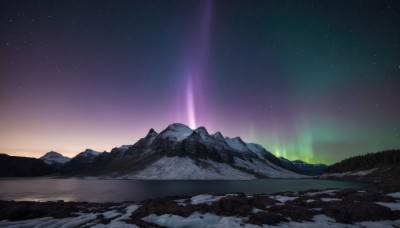 outdoors,sky,tree,no humans,night,star (sky),nature,night sky,scenery,snow,starry sky,reflection,mountain,landscape,mountainous horizon,lake,aurora,water,horizon,gradient sky