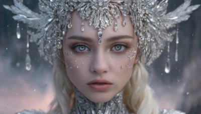 1girl,solo,long hair,looking at viewer,blue eyes,blonde hair,hair ornament,jewelry,braid,parted lips,artist name,blurry,lips,grey eyes,eyelashes,depth of field,blurry background,feathers,gem,portrait,close-up,freckles,realistic,red lips,grey hair,expressionless,nose,feather hair ornament