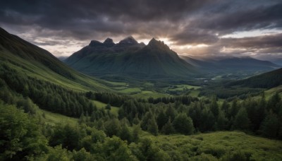 outdoors,sky,day,cloud,tree,no humans,sunlight,cloudy sky,grass,nature,scenery,forest,mountain,landscape,mountainous horizon,hill