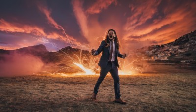 1girl,solo,long hair,looking at viewer,open mouth,brown hair,shirt,black hair,long sleeves,1boy,standing,jacket,full body,white shirt,male focus,outdoors,open clothes,necktie,sky,shoes,collared shirt,pants,cloud,open jacket,black jacket,brown footwear,black pants,formal,cloudy sky,suit,red necktie,building,scenery,sunset,city,cityscape,lightning,boots,facial hair,blazer,denim,wing collar,jeans,fantasy,blue pants,electricity,mountainous horizon,red sky,molten rock