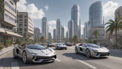 outdoors,sky,day,cloud,tree,blue sky,no humans,shadow,cloudy sky,ground vehicle,building,scenery,motor vehicle,city,aircraft,palm tree,car,road,cityscape,vehicle focus,lamppost,street,skyscraper,sports car,crosswalk,real world location