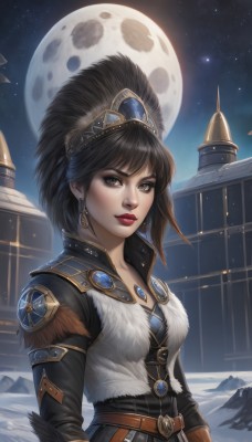 1girl,solo,breasts,looking at viewer,short hair,bangs,brown hair,black hair,gloves,long sleeves,cleavage,brown eyes,jewelry,medium breasts,closed mouth,upper body,hairband,earrings,outdoors,sky,belt,signature,necklace,black eyes,lips,fur trim,makeup,night,moon,lipstick,gem,star (sky),night sky,snow,buckle,full moon,brown gloves,pendant,starry sky,nose,headdress,red lips,standing,jacket,artist name,feathers,building,castle