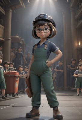 1girl,looking at viewer,smile,short hair,bangs,multiple girls,brown hair,shirt,black hair,hat,holding,brown eyes,closed mouth,standing,full body,short sleeves,boots,multiple boys,shoes,glasses,solo focus,collared shirt,pants,artist name,indoors,black footwear,blurry,uniform,black eyes,lips,brown footwear,suspenders,blue shirt,child,blue headwear,walking,6+boys,hand in pocket,round eyewear,female child,overalls,police,police uniform,police hat,hand on hip,6+girls,black-framed eyewear,crowd