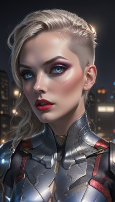 1girl,solo,long hair,breasts,looking at viewer,blue eyes,blonde hair,medium breasts,upper body,braid,outdoors,parted lips,teeth,artist name,armor,blurry,lips,clothing cutout,eyelashes,bodysuit,makeup,night,blurry background,lipstick,portrait,close-up,eyeshadow,asymmetrical hair,injury,city,red lips,eyeliner,mascara,cleavage cutout,realistic,cityscape,superhero,skyscraper,city lights