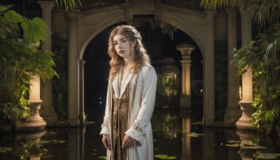 1girl,solo,long hair,looking at viewer,blue eyes,blonde hair,brown hair,hair ornament,long sleeves,dress,jewelry,closed mouth,standing,flower,cowboy shot,earrings,parted lips,indoors,water,lips,coat,sleeves past wrists,grey eyes,leaf,wavy hair,plant,scenery,curly hair,realistic,white coat,red lips,pillar,lily pad,arch,column,ivy,sunlight,fantasy