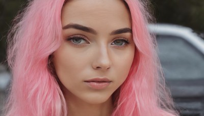 1girl,solo,long hair,looking at viewer,closed mouth,green eyes,pink hair,blurry,lips,grey eyes,eyelashes,depth of field,blurry background,expressionless,portrait,motor vehicle,close-up,realistic,nose,car,wavy hair