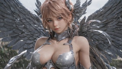 1girl,solo,breasts,looking at viewer,short hair,bangs,blue eyes,blonde hair,large breasts,hair ornament,cleavage,bare shoulders,medium breasts,closed mouth,collarbone,upper body,wings,artist name,armor,blurry,lips,wet,grey eyes,blurry background,feathers,feathered wings,rain,black wings,long hair,outdoors,realistic,bikini armor