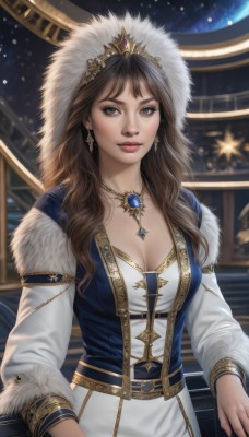 1girl,solo,long hair,breasts,looking at viewer,smile,large breasts,brown hair,long sleeves,dress,cleavage,brown eyes,jewelry,medium breasts,closed mouth,earrings,belt,necklace,star (symbol),white dress,blurry,lips,grey eyes,fur trim,blurry background,wavy hair,tiara,crown,gem,pendant,gold trim,stairs,realistic,nose,railing,red lips,blue gemstone,bangs,upper body,artist name,makeup