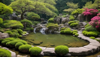 outdoors,day,water,tree,no humans,grass,nature,scenery,forest,rock,river,waterfall,moss,stone,plant,stairs,bush,pond