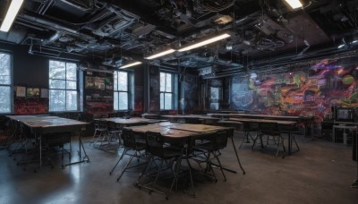 indoors,tree,no humans,window,chair,table,sunlight,scenery,desk,science fiction,classroom,school desk,chalkboard,ceiling light,wooden floor,cable,stool,monitor