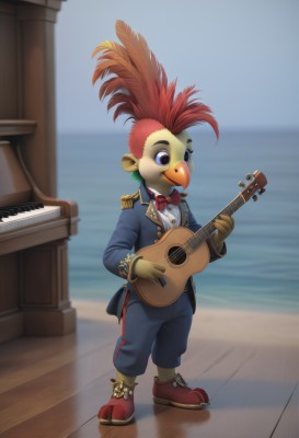 solo,smile,1boy,bow,standing,purple eyes,full body,male focus,red hair,multicolored hair,shoes,pants,bowtie,water,red bow,bird,ocean,formal,suit,feathers,red footwear,instrument,red bowtie,furry,epaulettes,music,blue pants,guitar,furry male,playing instrument,holding instrument,mohawk,blue eyes,shirt,gloves,long sleeves,holding,animal ears,jewelry,jacket,white shirt,outdoors,blurry,buttons,blurry background,shadow,blue jacket,traditional bowtie