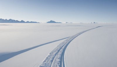 monochrome,outdoors,sky,day,water,blue sky,no humans,beach,scenery,reflection,blue theme,mountain,sand,horizon,road,river,landscape,mountainous horizon,shore,hill,nature,snow