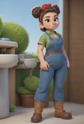 1girl,solo,looking at viewer,smile,short hair,brown hair,shirt,black hair,hair ornament,brown eyes,closed mouth,standing,full body,short sleeves,hairband,boots,outdoors,sky,day,collared shirt,belt,hair bun,blurry,blue sky,double bun,blurry background,brown footwear,plant,denim,child,pocket,green shirt,female child,potted plant,overalls,blue overalls,flower,hair flower,dark skin,tree,lips,nose,bush