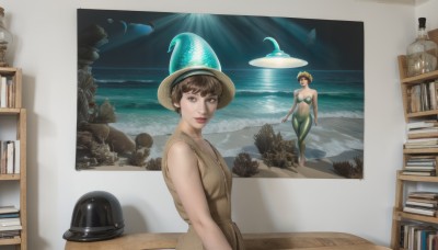 1girl,breasts,looking at viewer,smile,short hair,multiple girls,blonde hair,brown hair,hat,dress,2girls,bare shoulders,brown eyes,standing,barefoot,sleeveless,water,book,witch hat,ocean,beach,helmet,monster girl,realistic,bookshelf,mermaid,shell,waves,starfish,reference inset,photo inset,shell bikini,solo,bangs,navel,closed mouth,upper body,indoors,lips,looking to the side,night,bottle,blue headwear,fish,arms at sides,book stack,seashell