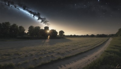 outdoors,sky,cloud,signature,tree,no humans,night,grass,star (sky),nature,night sky,scenery,forest,smoke,starry sky,road,bush,ground vehicle,sunset,shooting star,milky way